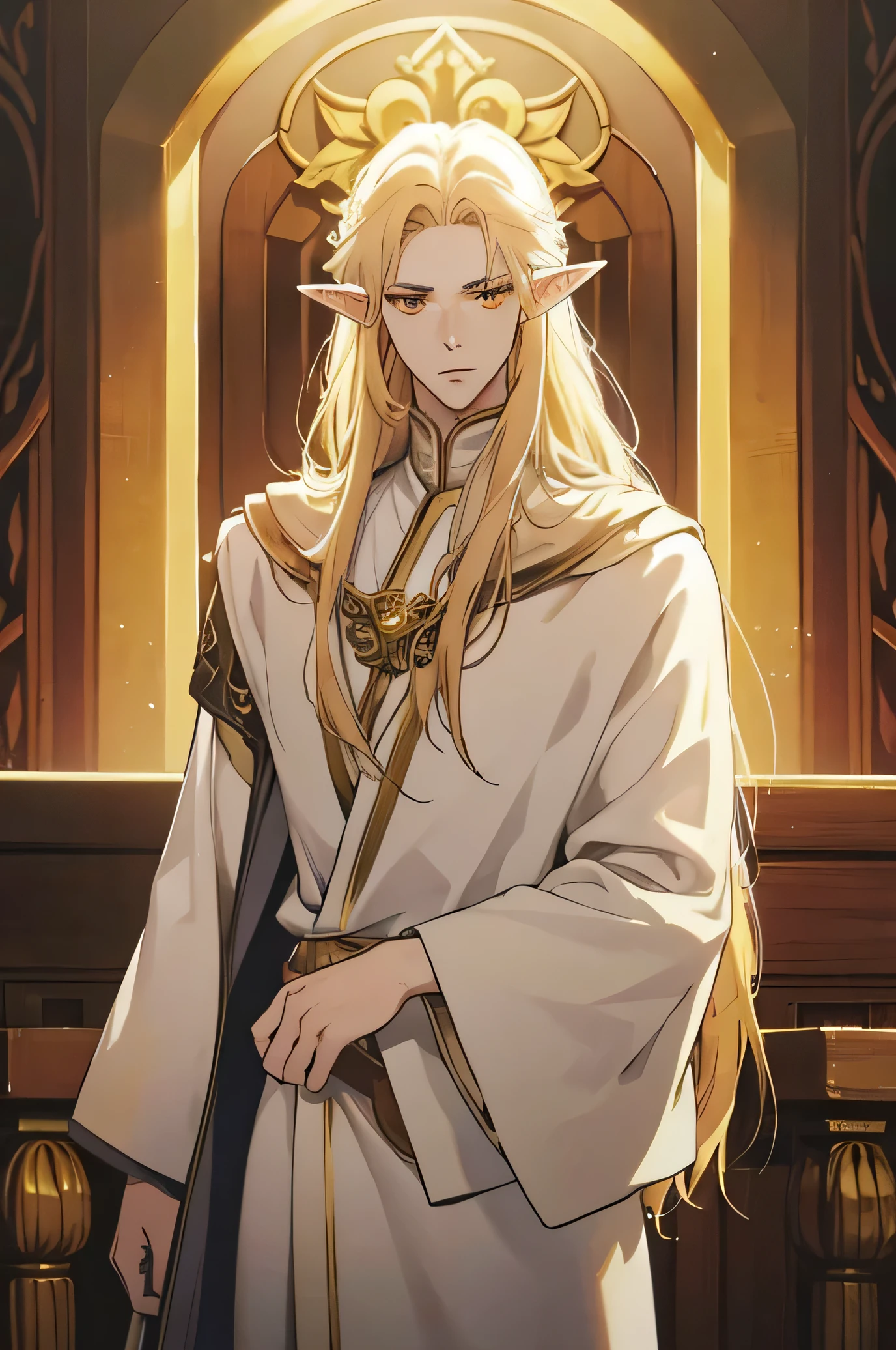 A tall man. long golden hair. long elf ears. Golden eyes. pale skin. Fantasy Priest Clothes. 