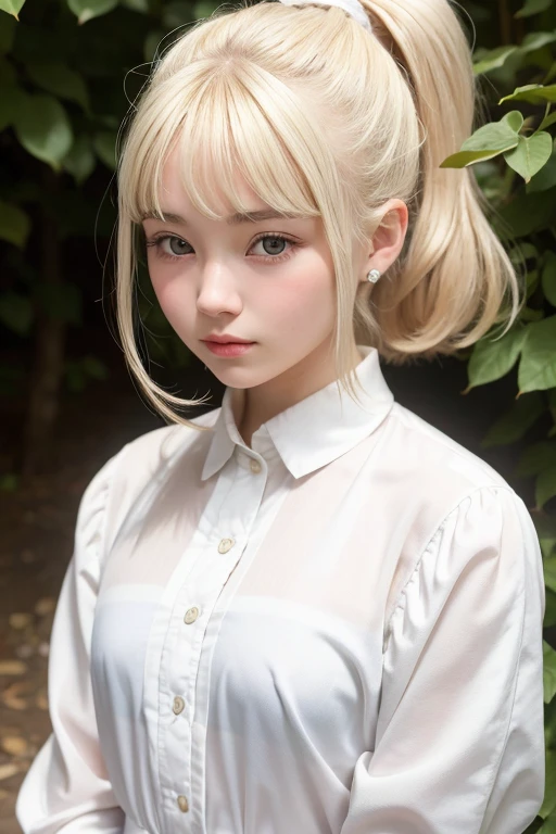 18-year-old white woman with a shy and round face with light eyes, a small nose and a small mouth measuring 1,65 with blonde hair tied up and dressed in a long-sleeved white blouse