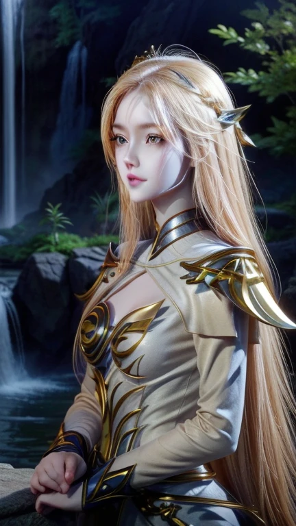 chinese teenage girl, yellow blue eyes, golden long hair, long face with sharp facial expreessions and sharp clear hands, chinese and fantasy dress,beautiful background, waterfall