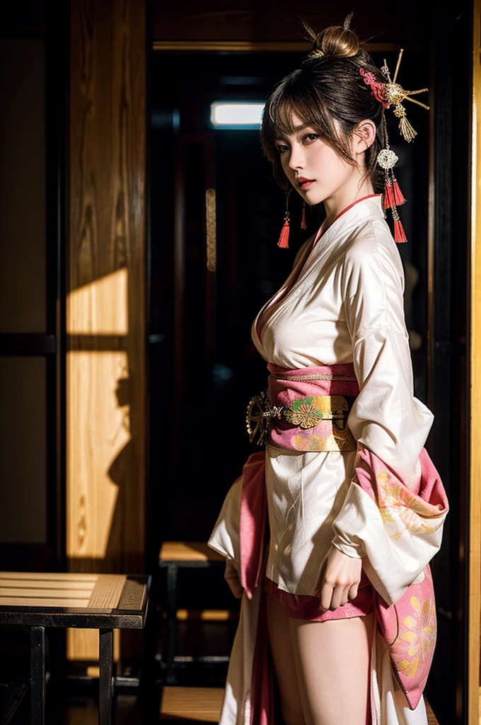 Japanese cyberpunk high fashion of Oiran kimono cool girl, white kimono, cyberpunk, gold color, full body standing, the big breasts、 (Dynamic light and shadow, High resolution, Sharp focus, Depth of written boundary), against bright pink background, nsfw