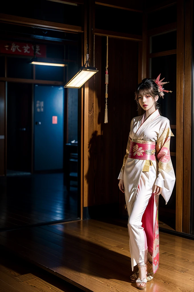 Japanese cyberpunk high fashion of Oiran kimono cool girl, white kimono, cyberpunk, gold color, full body standing, the big breasts、 (Dynamic light and shadow, High resolution, Sharp focus, Depth of written boundary), against bright pink background, nsfw