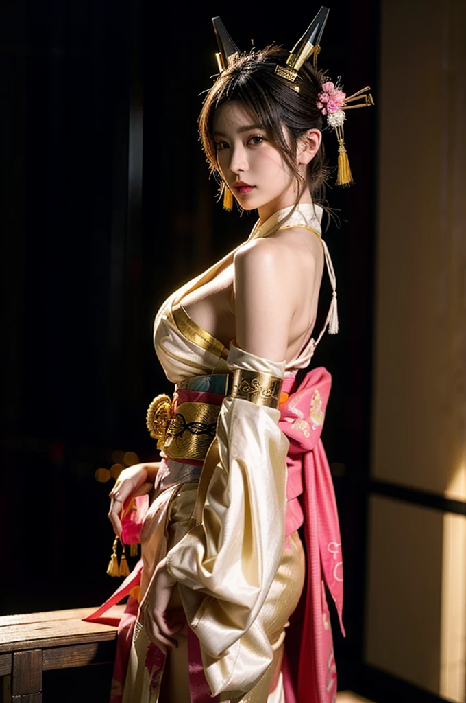 Japanese cyberpunk high fashion of Oiran kimono cool girl, white kimono, cyberpunk, gold color, full body standing, the big breasts、 (Dynamic light and shadow, High resolution, Sharp focus, Depth of written boundary), against bright pink background, nsfw