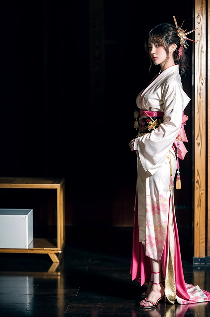 Japanese cyberpunk high fashion of Oiran kimono cool girl, white kimono, cyberpunk, gold color, full body standing, the big breasts、 (Dynamic light and shadow, High resolution, Sharp focus, Depth of written boundary), against bright pink background, nsfw