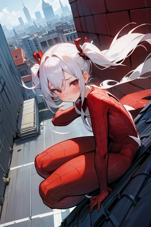 Short white hair, blush, (Spider Suit).Headbang 2.(Twin tails)、(Navy and red clothes).Rooftop、(Spider Woman)、