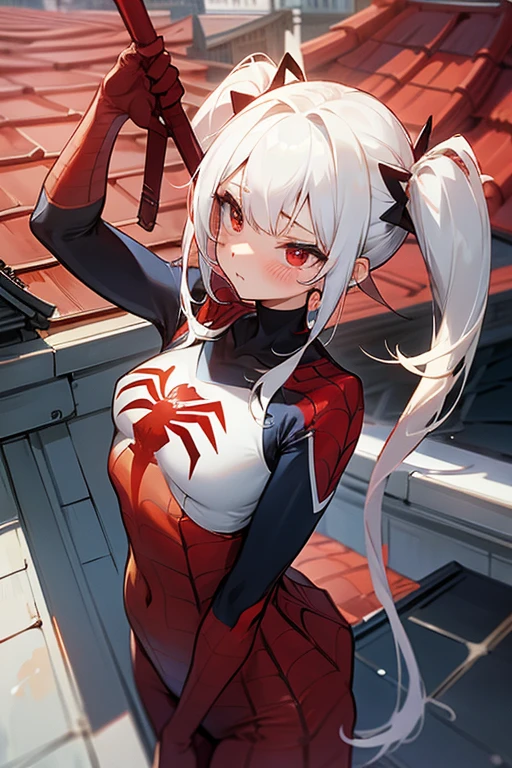 Short white hair, blush, (Spider Suit).Headbang 2.(Twin tails)、(Navy and red clothes).Rooftop、(Spider Woman)、