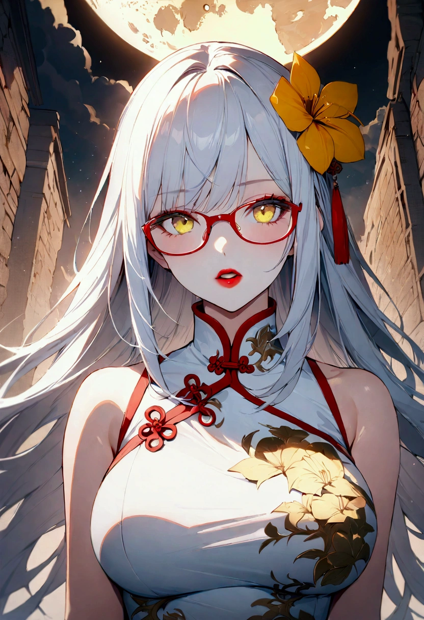(masterpiece),(best quality), (fantasy:1.4), Surrealism, shadow, Relief, Stereogram, Atmospheric perspective, 8K, Super Detail,A moon, Yellow flowers , Paper_cut, 1 Girl,Upper Body,Fashion Girl,cheongsam,Chinese clothes,Hair accessories,(Glowing skin),Red lips,Looking at the audience,Large Breasts,Open your mouth, Solitary, (White hair, Long hair), Perfect face and glasses, Glowing light particles, Dynamic Angle，