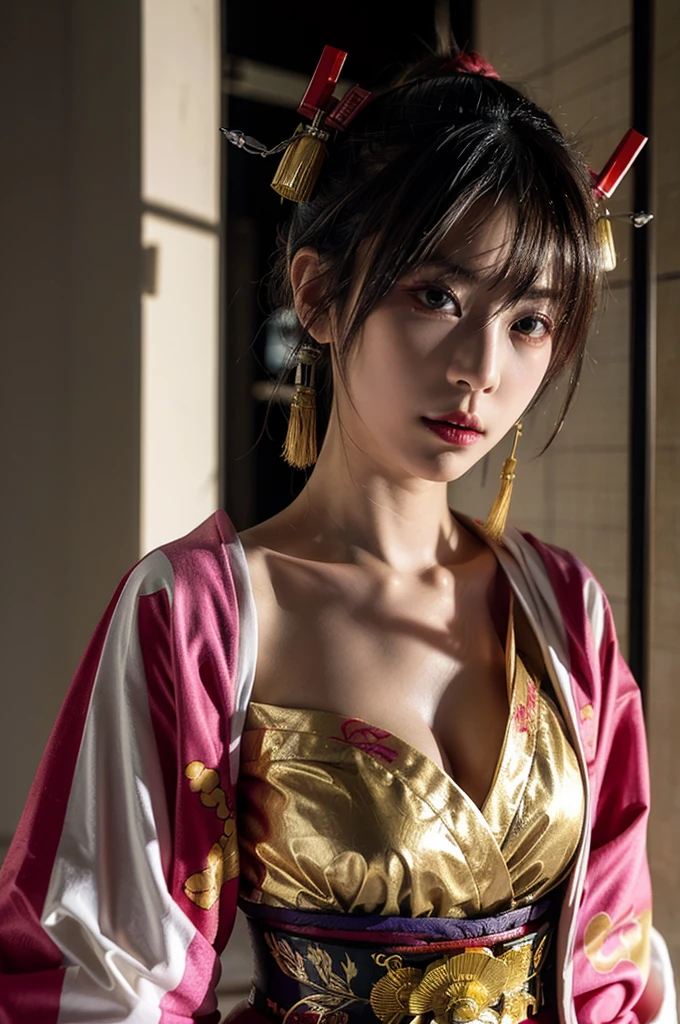 Japanese cyberpunk high fashion of Oiran kimono cool girl, kimono punk, cyberpunk, white kimono, gold color, big breasts, upper body standing, (Dynamic light and shadow, High resolution, Sharp focus, Depth of written boundary), against bright pink background, nsfw