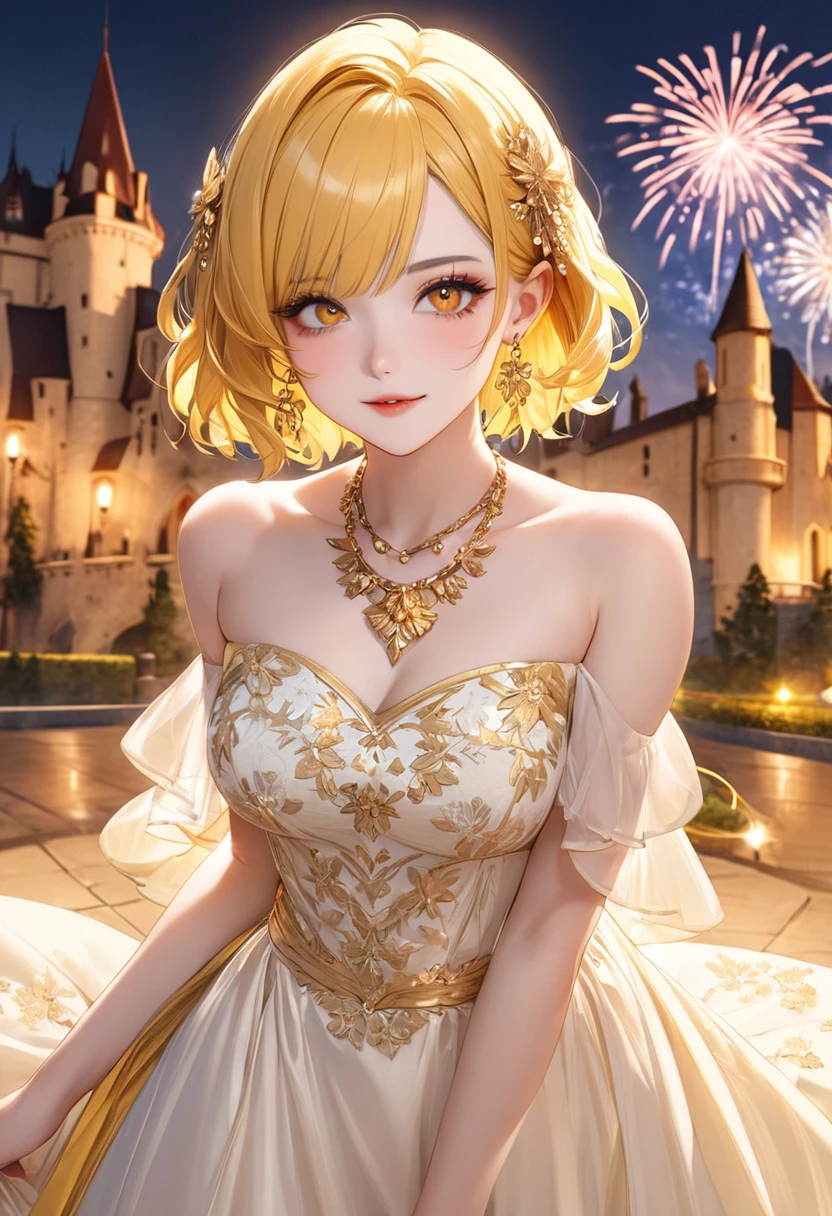 1 female　Yellow short hair　Yellow eyebrows　Orange eyes　Socialite debut　Ivory long dress with gold embroidery　Inside the castle　firework 　hair ornaments　Gorgeous necklace with matching earrings　Golden West