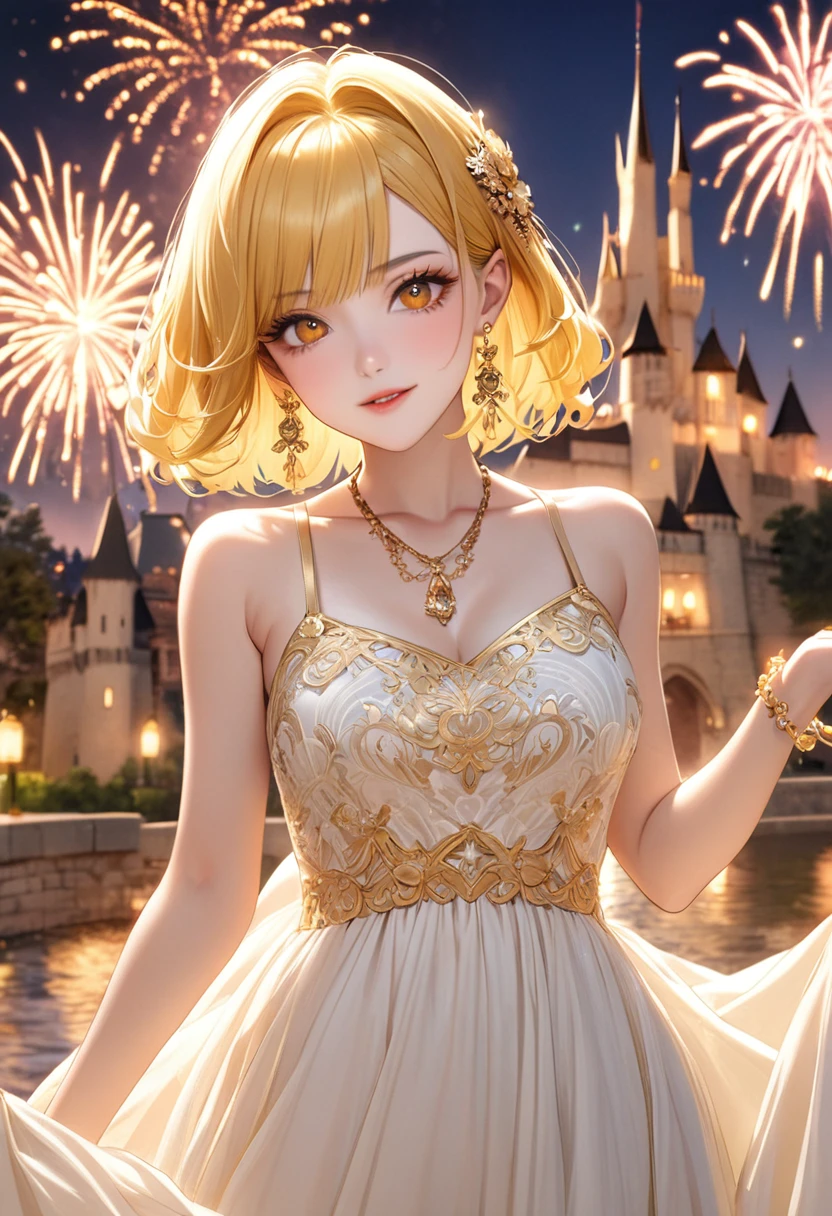 1 female　Yellow short hair　Yellow eyebrows　Orange eyes　Socialite debut　Ivory long dress with gold embroidery　Inside the castle　firework 　hair ornaments　Gorgeous necklace with matching earrings　Golden West