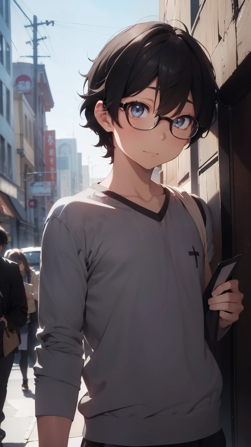 (1 boy), (), Symmetrical Eyes, male, tie, holding a book, small book in hand, (holding small book), Thick black frame glasses, shy, black messy hair, bluish-grey eye color, wearing glasses, 4k, detailed, anime 4k, (Curly hair), from side, character focus, ((black light)),((dark lighting)), cinematic lighting ,(darkness), (concept art), high resolution,(incredibly absurdres) ,extremely detailed CG unity 8k wallpaper, ((masterpiece)), ((top-quality)), (beautiful illustration), ((an extremely delicate and beautiful)), (masterpiece, Best quality, ultra high resolution), Black hair, pale skin, ultra detailed eyes, Beautiful and detailed face, detailed eyes, (Centered, torso), (wide shot:0.9), facing the viewer, Eye level, ((male)), blushing, masculine face, narrow eyes, flat chest, masculine build, slightly muscular,
