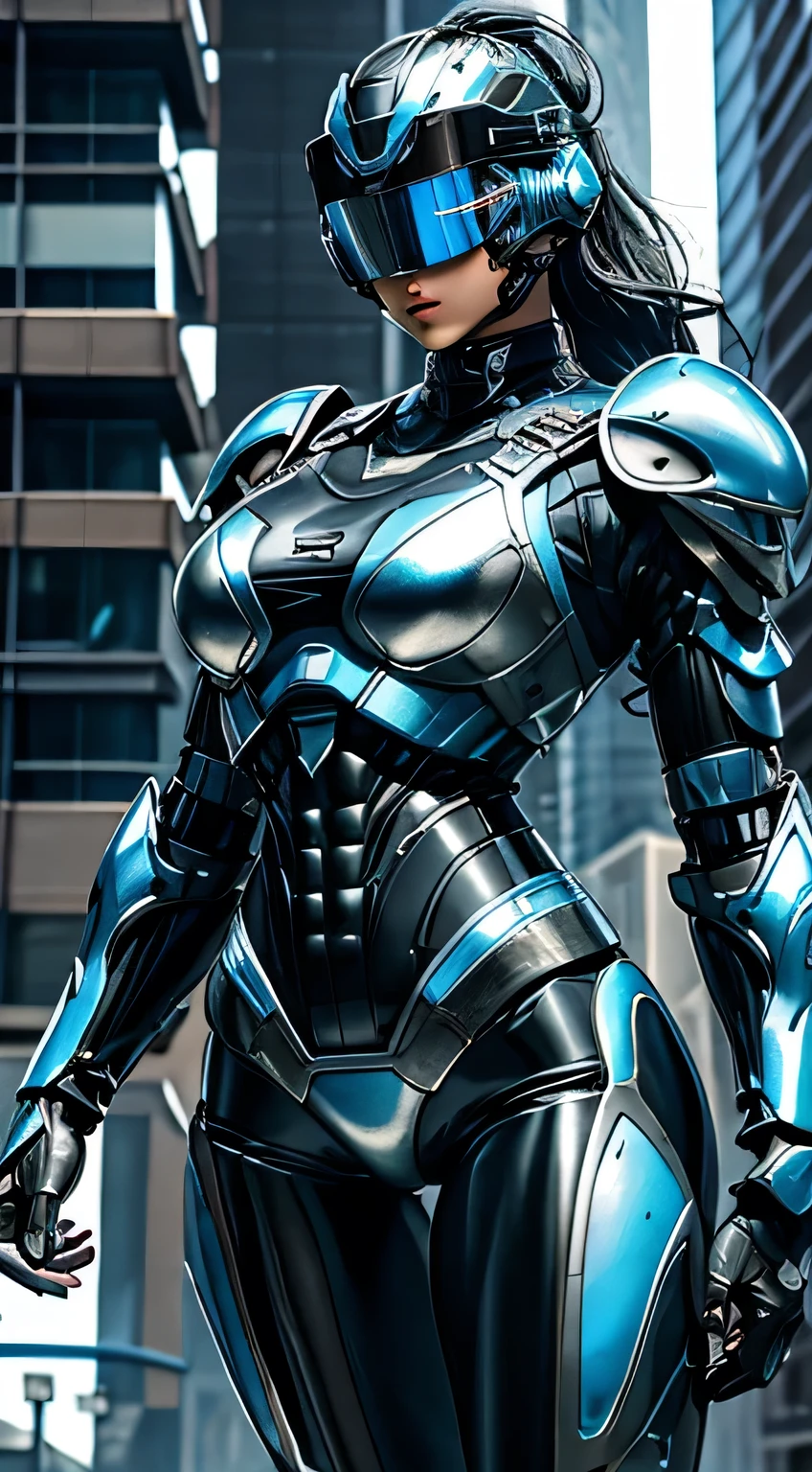 Female Robocop Solo、Bright outdoors、strong light source、8k, high quality, masterpiece, 最high quality, Crisp contrast、Very detailed、Full body armor、Very large armor、Helmet covering the head、Clear photos、The eyes are hidden by thin, translucent straight goggles.:1.3、The lower half of the face is raw々Shii:1.5、The lower half of the face is exposed、Seductive lips、Light blue and black metallic armor、Black accent color、Armor that completely covers the chest、Long, slender legs、Vibrant Posselo Body View,Big and ample breasts:1.5, (Sports Body:1.5)、Five Fingers、Hold a handgun、In the city