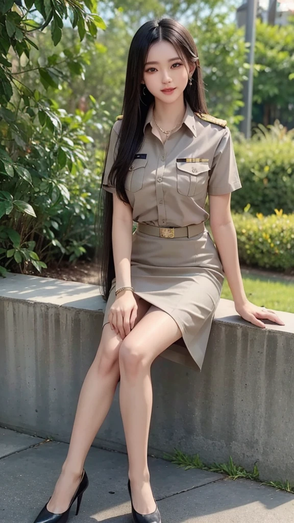 long hair woman, Matching colored shirt and skirt, Short sleeve shirt, short pencil skirt, short skirtมาก, Revealing slender legs, (Beautiful girl with two meter long hair, my hair is very long., extra long hair, long black hair), (military rank insignia), (Short sleeve shirtสีกากี, Short pencil skirtสีกากี), (Dynamic posts), (A gigantic rift), Big breasts push up the shirt to make a prominent bulge., (big breasts, thin body, small waist, hips raised, small thighs, Long legs), high-heelsสีดำ, (Short pencil skirt), (tight, military insignia, khaki shirt, khaki skirt), (black shoes), figure-hugging outfit, (black shoes, high-heels), (elegant gesture, Dynamic posts), short skirt, Side parting, earring, necklace, Backdrop at the garden,