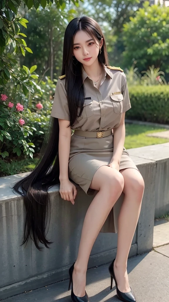 long hair woman, Matching colored shirt and skirt, Short sleeve shirt, short pencil skirt, short skirtมาก, Revealing slender legs, (Beautiful girl with two meter long hair, my hair is very long., extra long hair, long black hair), (military rank insignia), (Short sleeve shirtสีกากี, Short pencil skirtสีกากี), (Dynamic posts), (A gigantic rift), Big breasts push up the shirt to make a prominent bulge., (big breasts, thin body, small waist, hips raised, small thighs, Long legs), high-heelsสีดำ, (Short pencil skirt), (tight, military insignia, khaki shirt, khaki skirt), (black shoes), figure-hugging outfit, (black shoes, high-heels), (elegant gesture, Dynamic posts), short skirt, Side parting, earring, necklace, Backdrop at the garden,