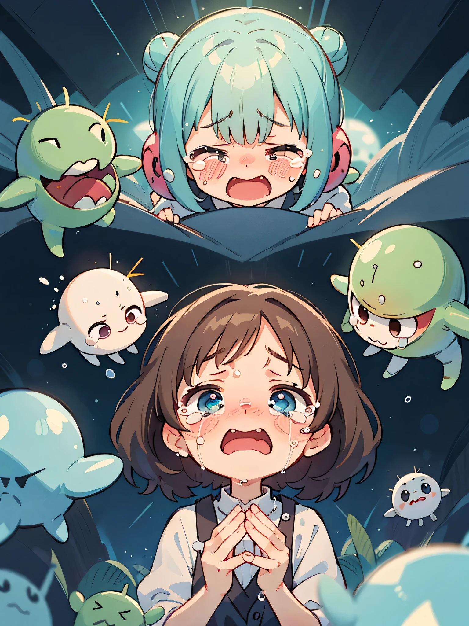 Hayao Miyazaki style, Kawaii Design, most beautiful girl ever、Chibi, (((Cute Aliens)))、 (((Cute Aliens are crying)))、(((tears)))