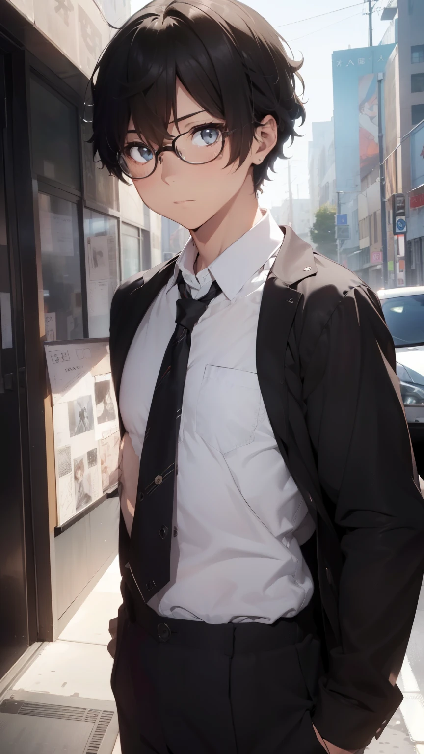 (1 boy), (), Symmetrical Eyes, male, tie, holding a book, small book in hand, (holding small book), Thick black frame glasses, shy, black messy hair, bluish-grey eye color, wearing glasses, 4k, detailed, anime 4k, (Curly hair), from side, character focus, ((black light)),((dark lighting)), cinematic lighting ,(darkness), (concept art), high resolution,(incredibly absurdres) ,extremely detailed CG unity 8k wallpaper, ((masterpiece)), ((top-quality)), (beautiful illustration), ((an extremely delicate and beautiful)), (masterpiece, Best quality, ultra high resolution), Black hair, pale skin, ultra detailed eyes, Beautiful and detailed face, detailed eyes, (Centered, torso), (wide shot:0.9), facing the viewer, Eye level, ((male)), blushing, masculine face, narrow eyes, flat chest, masculine build, slightly muscular,
