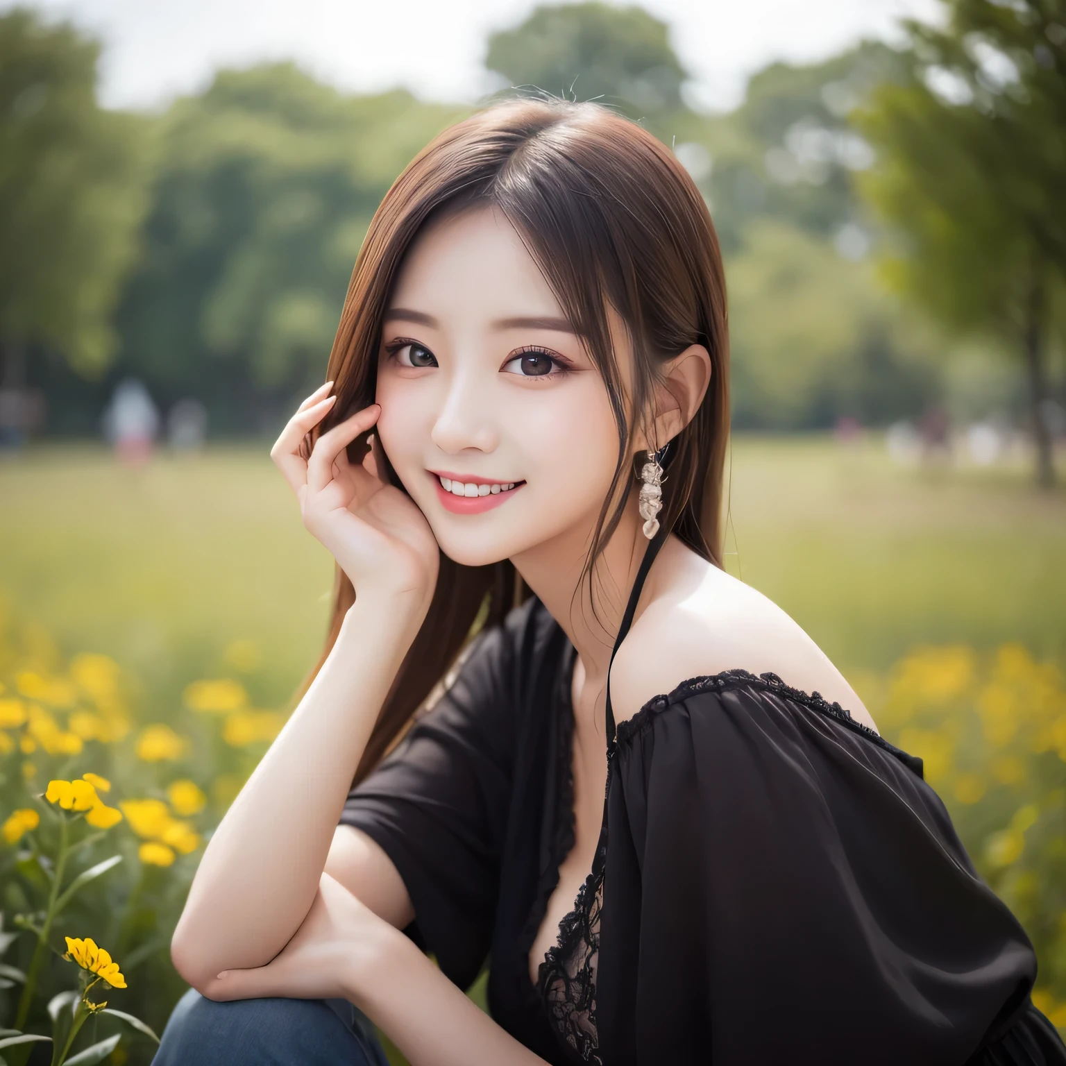 Tabletop, highest quality, shape, Very detailed, finely, High resolution, 8k wallpaper, Perfect dynamic composition, Beautiful and exquisite,Random cute hair,,Natural color lip, Bold sexy pose,smile、20-year-old girl、cute、Looking into the camera,Always blur the background,Perfect and beautiful face,Slim face and figure,Big eyes、Putting on gal makeup,Small face,Shooting from below、smile,Blurred Background,Elegant feminine face、Cyberpunk Fashion、smile、Change pose randomly、Randomly change the shooting angle and position、Flower Field、Cyberpunk Fashion,