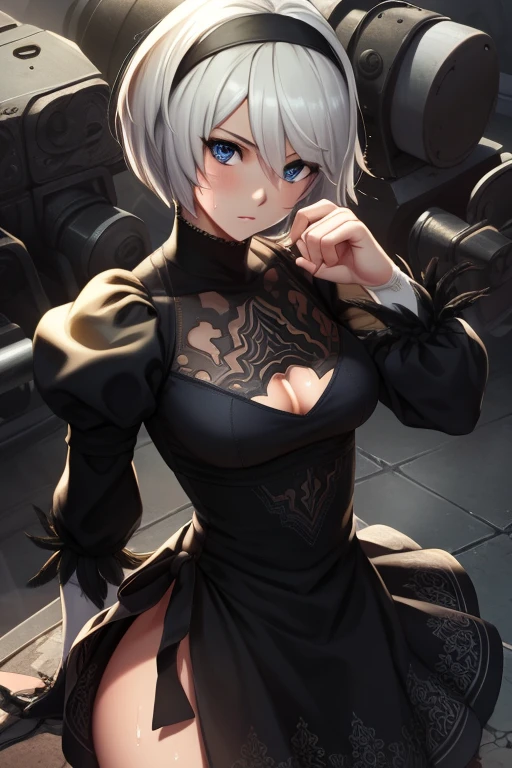 masterpiece,best quality,high resolution,8k,ultra HD,wallpaper,illustration,beautiful detailed eyes,perfect face,cowboy shot,beautiful detailed eyes,extremely detailed face,perfect lighting,extremely detailed CG,perfect hands,perfect anatomy,perfect body,perfect hands,perfect fingers,1woman,full body,,(muscle fighter:1.1),silver bob hair, blue eyes,large breasts,Medium ass,,black mourning style dress with skirt,,clothed,,looking at viewer,sexy look pose,,Steam,sweat,1person,,(NieR:Automata),collarbone,