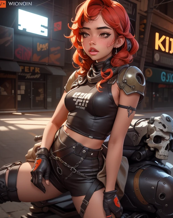 A very detailed and realistic skull girl.,( xochitl gomez) Cyberpunk character, final, sexy, bartender, Orange hair, Dramatic heavy metal and rock theme., Best Quality, 8k, Hyper realistic, photorealistic, extremely detailed painting, studio lighting, vivid colors, dark moody atmosphere, cinematographic, dramatic pose, intricate mechanical details, Glowing energy effects, intense sandy textures, perfect integration of organic and inorganic elements. Wearing the used clothes of a wasteland dweller.. bottom: An apocalyptic wasteland. Dusty and depressing.