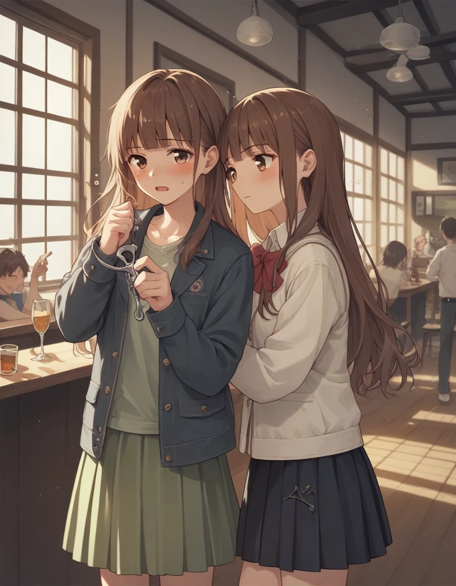 Fraction_9, Fraction_8_direction_7_up, source_Japanese cartoons,
Nishimiya Shoko, Nishimiya Shoko, Long hair, Brown hair, Brown eyes,
skirt, bow, , jacket, lattice, lattice skirt, Leisure Suit,
indoors, ground, ground room, One side, blush, drunk,
Looking at the audience, solitary, Cowboy shooting, Hook of Holland,