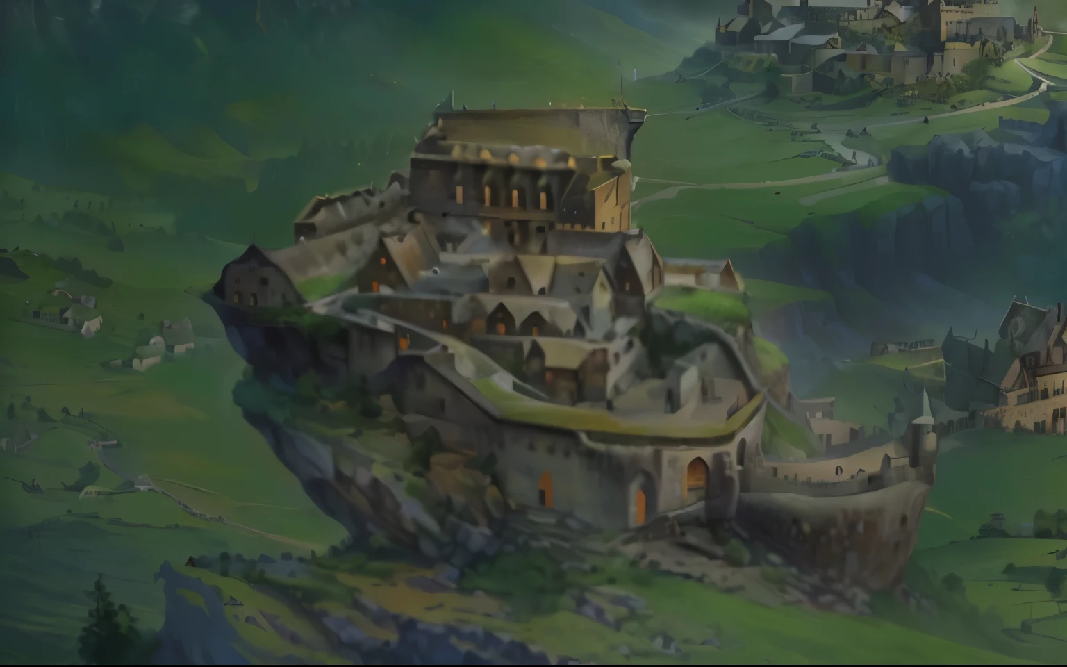 There is a painting，The painting shows a castle on a hill，There are many buildings around, Gemasa&#39;s Elven Palace, Ruina Library concept art, Concept art is very detailed, dwarven architecture, Medieval Concept Art, Hill Castle, The Hobbit concept art, Dota! Concept Art, Elf Building, Rivendell, Dota Concept Art，Viking Castle，Clearly portrayed