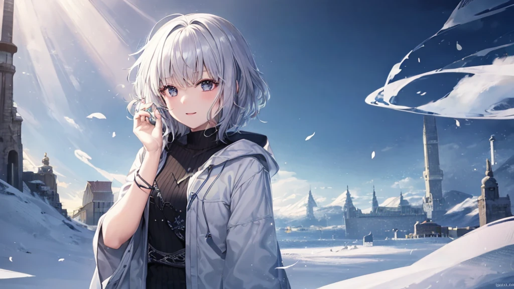 Ultra HD,Look at the viewers, Put your hands behind your back, With a girl, 20-year-old, 非常にShort Hair, Long bangs between the eyes, Pale blue eyes, Very detailed,(masterpiece、Highest quality),Gray Hair、Laughter、Fantastic, Silver Hair, Iris, Short hair、 Fluttering Hair、Small Face、明るいsmile、(Detailed face) ,Professional Lighting,Wonderful landscape,blue sky, sunlight,Looking down from above,Portraiture、Open your mouth、Flower Field、Her eyes were shining、Mysterious and enchanting atmosphere。With AI Painting、とてもShort Hair, Long bangs between the eyes, Very detailed,(masterpiece、Highest quality)、alone、Gray Hair、Fantasy, Silver Hair, Fantasyな風景、smile、Open your mouth、short hair、Short Hair、hairpin、black eye、Grey Eyes、Beautiful Eyes、Black Shirt、White hoodie