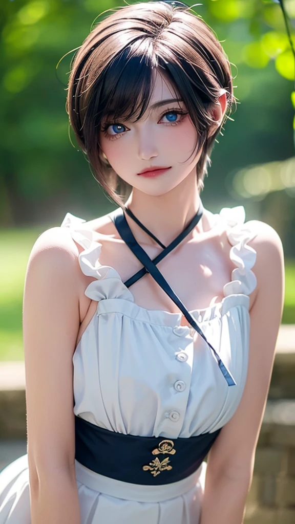 (masterpiece:1.3, Highest quality, Ultra-high resolution, Super detailed), (Realistic:1.1, photoRealistic:1.4), Beautiful illustrations, Perfect lighting, colorful, Depth of written boundary, Beautiful detailed hair, Beautifully detailed face, Beautiful attention to detail, Beautiful clavicle, Beautiful body, (Beautiful small breasts), Beautiful thighs, Beautiful feet, Beautiful fingers, View your viewers, 1 girl, Japanese, high school girl, Perfect Face, (Perfect Anatomy, Anatomically correct), Cute and symmetrical face, Baby Face, Sunburn, Glowing Skin, (short hair:1.5, Bobcut:1.2, Ash Blonde Hair), Hair between the eyes, blue eyes, Long eyelashes, thin, (Pale pink dress, Black tank top, White Skirt), (Are standing), (Cute smile,, Close your mouth),