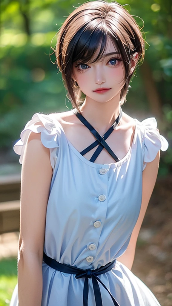 (masterpiece:1.3, Highest quality, Ultra-high resolution, Super detailed), (Realistic:1.1, photoRealistic:1.4), Beautiful illustrations, Perfect lighting, colorful, Depth of written boundary, Beautiful detailed hair, Beautifully detailed face, Beautiful attention to detail, Beautiful clavicle, Beautiful body, (Beautiful small breasts), Beautiful thighs, Beautiful feet, Beautiful fingers, View your viewers, 1 girl, Japanese, high school girl, Perfect Face, (Perfect Anatomy, Anatomically correct), Cute and symmetrical face, Baby Face, Sunburn, Glowing Skin, (short hair:1.5, Bobcut:1.2, Ash Blonde Hair), Hair between the eyes, blue eyes, Long eyelashes, thin, (Pale pink dress, Black tank top, White Skirt), (Are standing), (Cute smile,, Close your mouth),