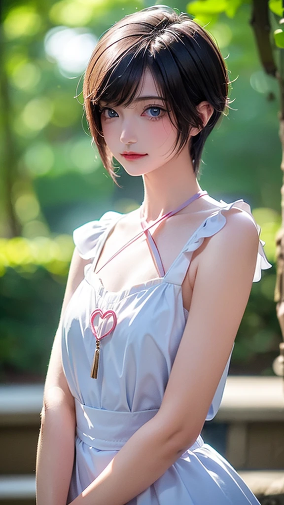 (masterpiece:1.3, Highest quality, Ultra-high resolution, Super detailed), (Realistic:1.1, photoRealistic:1.4), Beautiful illustrations, Perfect lighting, colorful, Depth of written boundary, Beautiful detailed hair, Beautifully detailed face, Beautiful attention to detail, Beautiful clavicle, Beautiful body, (Beautiful small breasts), Beautiful thighs, Beautiful feet, Beautiful fingers, View your viewers, 1 girl, Japanese, high school girl, Perfect Face, (Perfect Anatomy, Anatomically correct), Cute and symmetrical face, Baby Face, Sunburn, Glowing Skin, (short hair:1.5, Bobcut:1.2, Ash Blonde Hair), Hair between the eyes, blue eyes, Long eyelashes, thin, (Pale pink dress, Black tank top, White Skirt), (Are standing), (Cute smile,, Close your mouth),