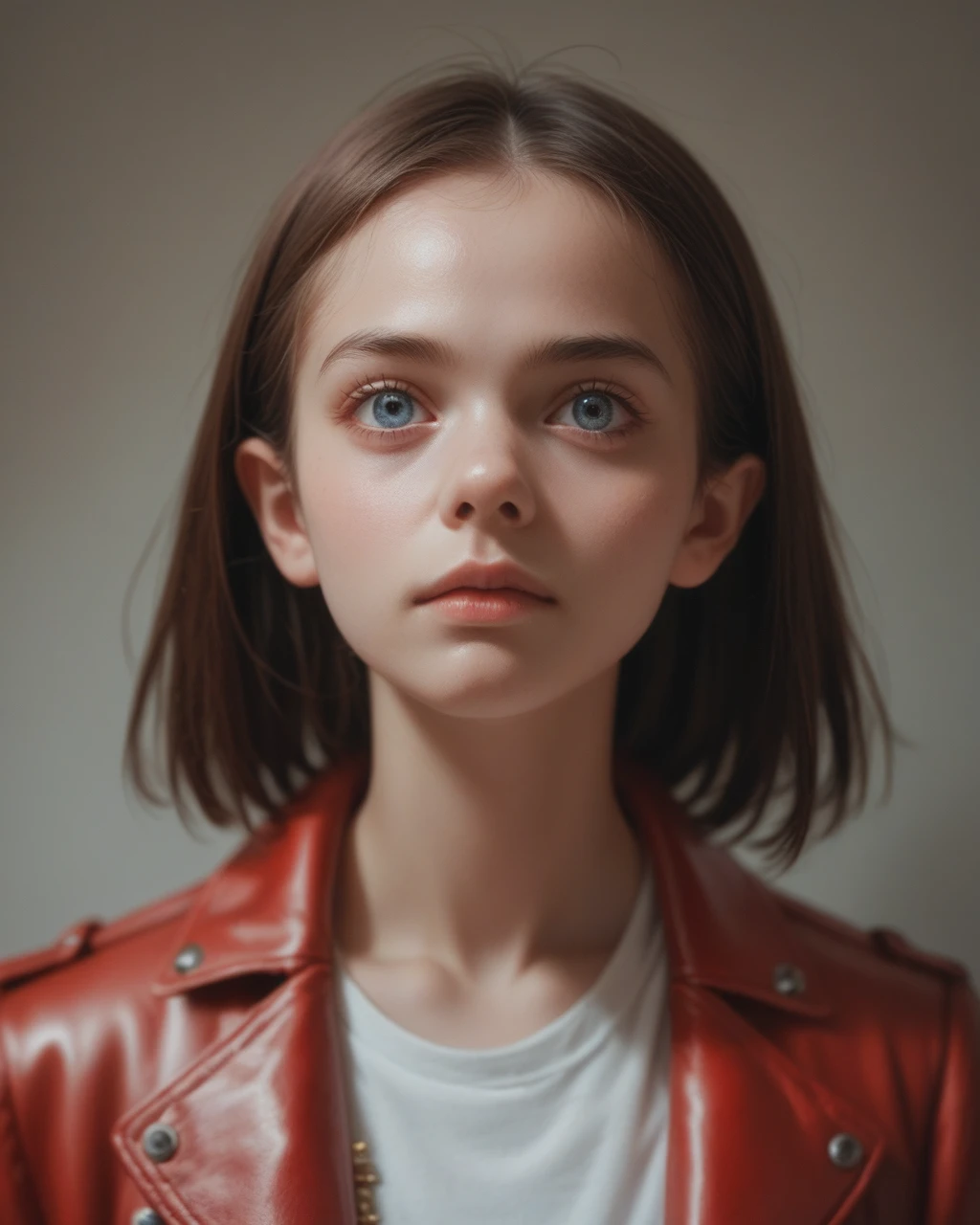 Young woman in red leather jacket portrait 400 , Extraordinary colors, Surreal