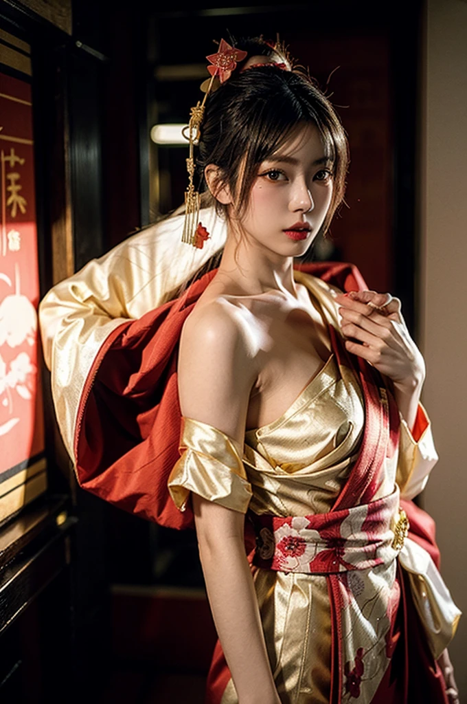 Japanese cyberpunk high fashion of Oiran kimono cool girl, white kimono, cyberpunk, gold color, full body standing, the big breasts、red lighting from top, (Dynamic light and shadow, High resolution, Sharp focus, Depth of written boundary), against bright pink background, nsfw