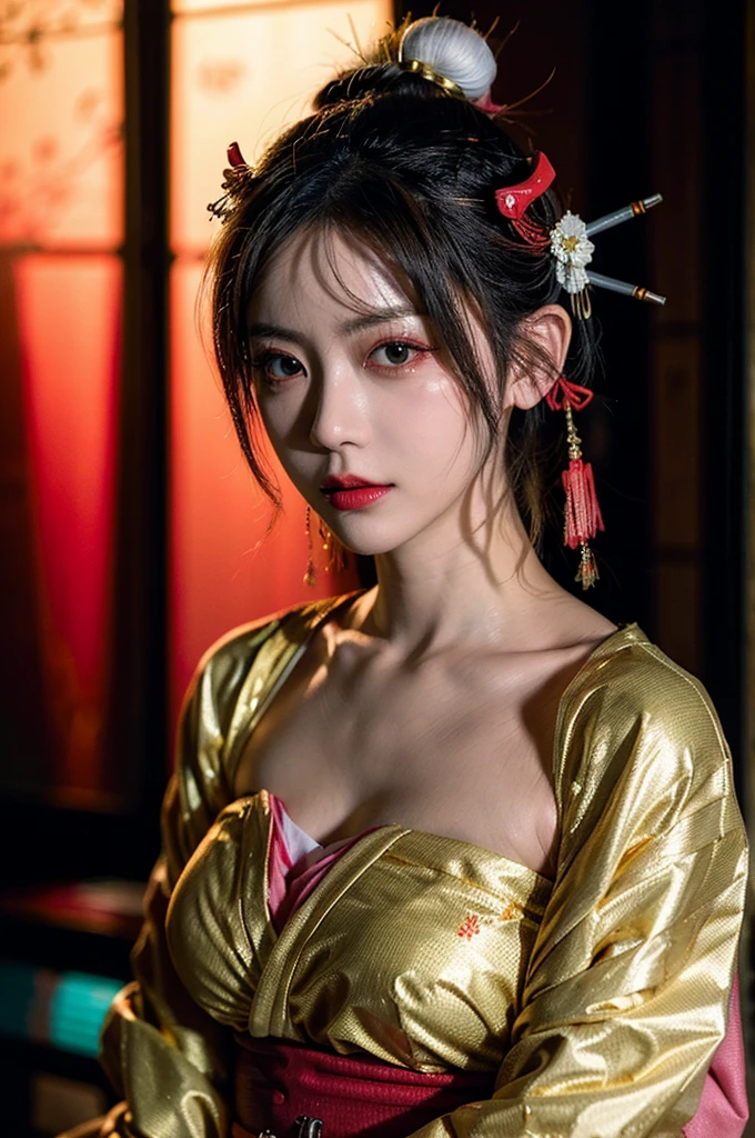 Japanese cyberpunk high fashion of Oiran kimono cool girl, kimono punk, cyberpunk, white kimono, gold color, big breasts, upper body standing, red lighting from top,(Dynamic light and shadow, High resolution, Sharp focus, Depth of written boundary), against bright pink background, nsfw