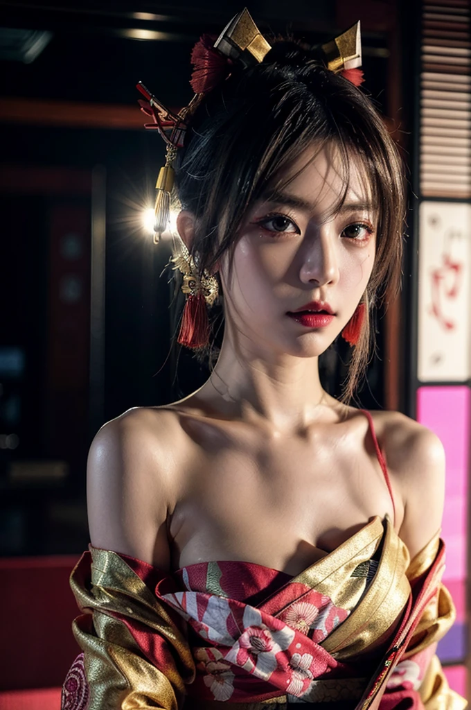 Japanese cyberpunk high fashion of Oiran kimono cool girl, kimono punk, cyberpunk, white kimono, gold color, big breasts, upper body standing, red lighting from top,(Dynamic light and shadow, High resolution, Sharp focus, Depth of written boundary), against bright pink background, nsfw