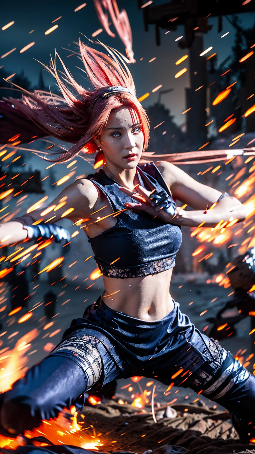 Moisturized skin,Realistic body,(Adult female body),Energetic,(16 years old),(Girl),,Crop top,,Collarbone,Earrings,
BREAK,
Bright red lipstick,(Beautiful navel),(Pink hair),Beautiful hair,Short hair,
BREAK,
((Masterpiece+Top quality+High resolution+Very detailed)), (Full body:1.2),Symmetrical,One shot,
BREAK,
(Wind blowing),(Covered in blue electricity),(Battle stance:1.4),
BREAK,
Assassination,,Fantastic,Dynamism,Very tight leggings,((In the middle of a war, Battle stance),((Fires everywhere, Bloody, Death is everywhere, Corpses, Corpses, Burned down Japanese castle,Hellish,Chaos),