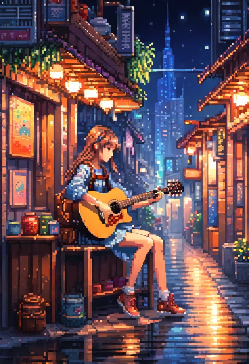 Night view、Pixel Art Painting Best Quality, masterpiece, Attention to detail, Super intricate details,Anime girl sitting on a shelf and playing guitar, Anime Art Wallpapers 8K, anime art wallpaper 4k, anime art wallpaper 4k, Anime Style 4k, anime wallpaper 4k, anime wallpaper 4k, anime wallpaper 4k, Manga Wallpapers, 4K wallpaper,, Girl playing guitar, LOFI Girl