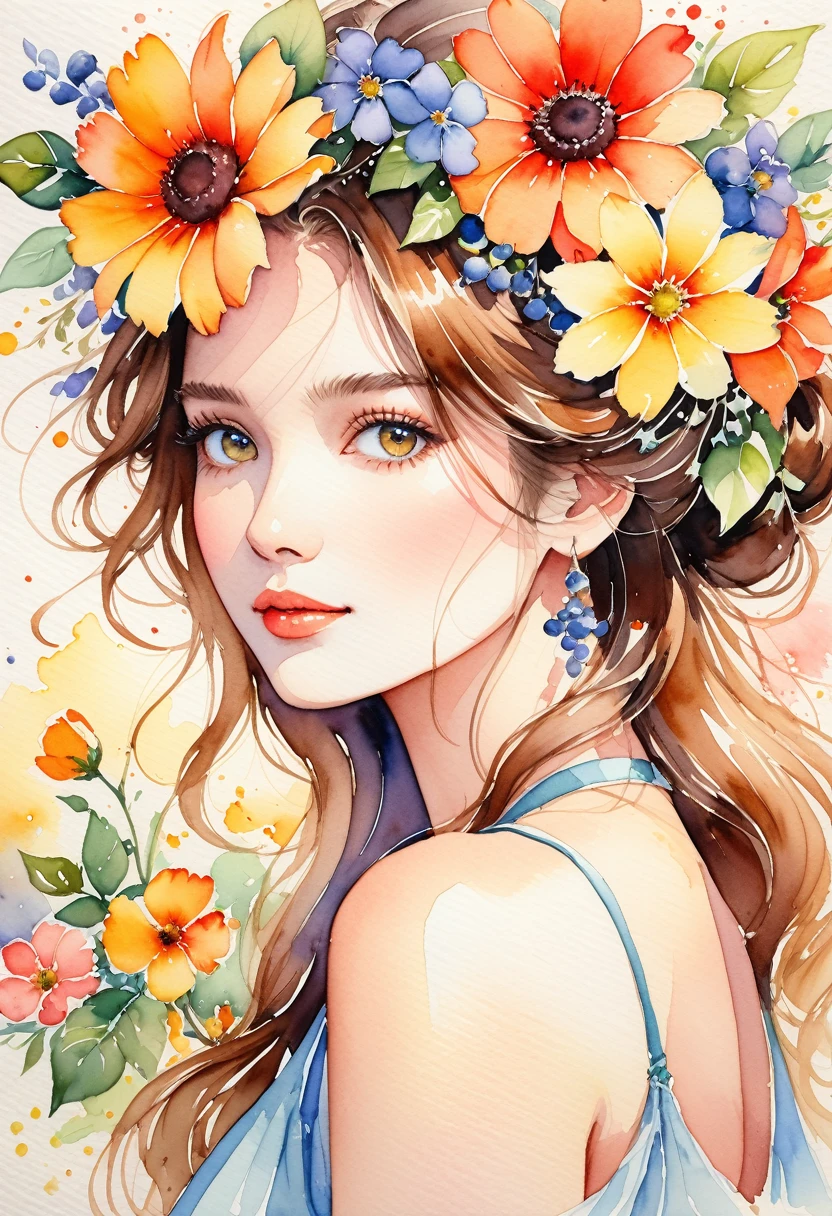 A very detailed watercolor painting, Has flowers that are reminiscent of summer, Depicting a beautiful woman with flowers in her hair