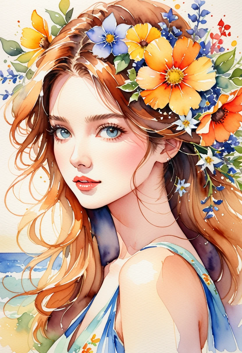 A very detailed watercolor painting, Has flowers that are reminiscent of summer, Depicting a beautiful woman with flowers in her hair