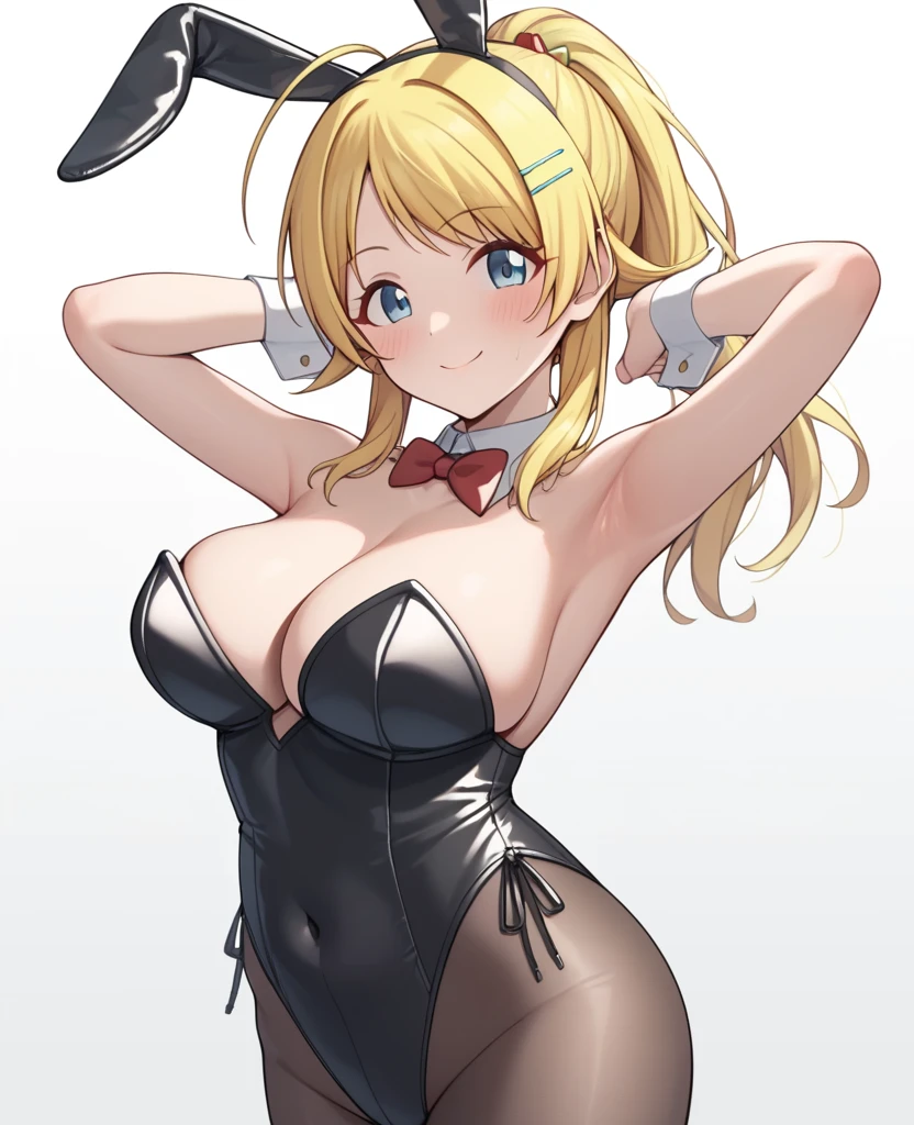 score_9, score_8_up, score_7_up, blush, ^_^, red_bowtie, simple_background, armpits, hachimiya_meguru, strapless_leotard, black_leotard, arms_up, 1girl, closed mouth, smile, detached_collar, black pantyhose, white_wrist_cuffs, large_breasts, white_background, black playboy_bunny, solo,