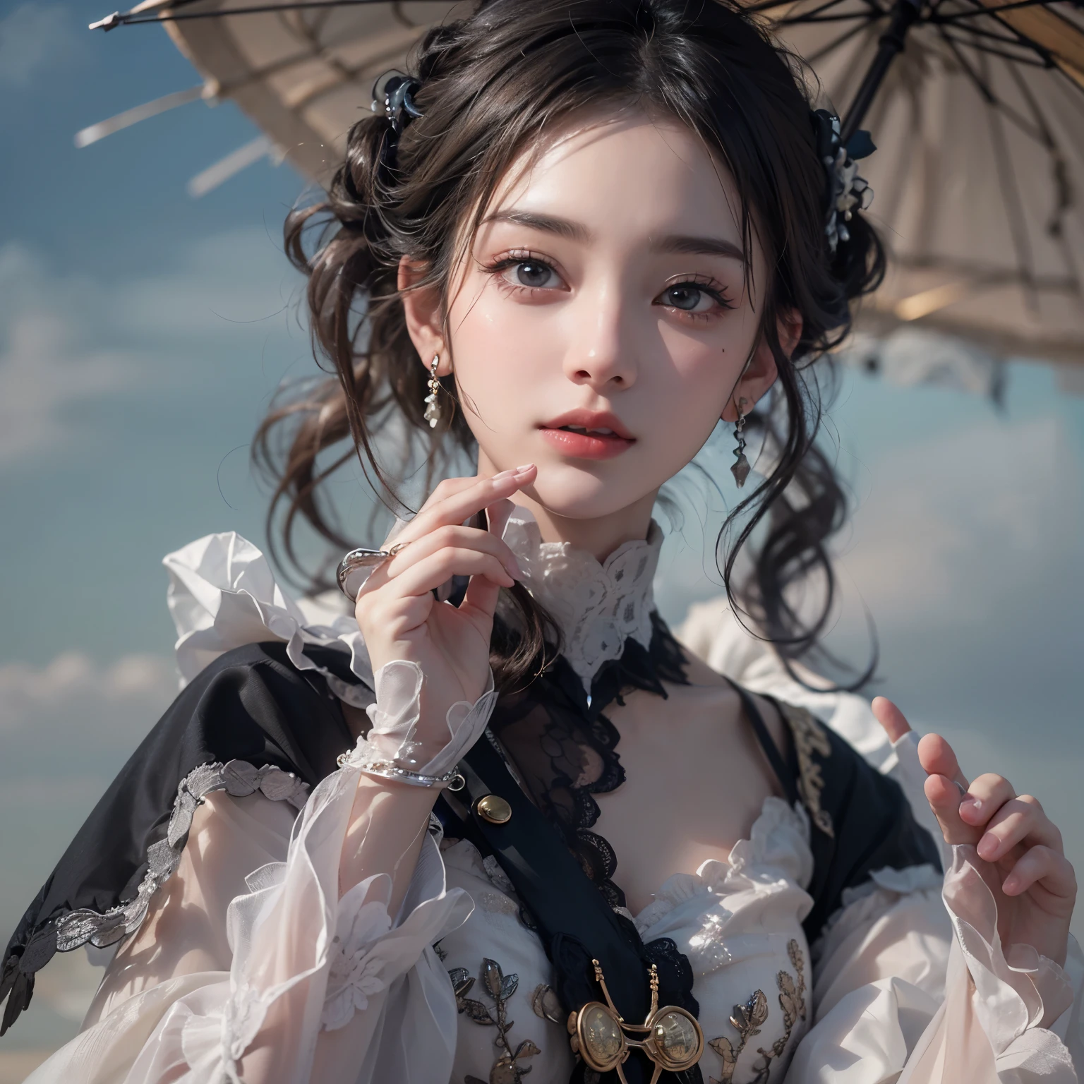 A woman holding a parasol stands on top of a hill、Gothic Dress、青空と雲1 girl, Highest quality, masterpiece, Ultra-high resolution, (Realistic:1.4), RAW Photos, 1 girl, Cinema Lighting,((Highest quality、masterpiece、8k、Best image quality、Ultra-high resolution、Award-winning works)、(Accurate anatomy:1.1)、Highly detailed face、Attention to detail、double eyelid、Sharp focus:1.2、Beautiful woman:1.4、Highest quality、masterpiece、Ultra-high resolution、(Realistic:1.4)、Highly detailed and professionally lit smiles、Serious expression、Two Arms, Complete Hそして, Beautiful body, Beautiful fingers, Normal finger, Five Fingers, Five Fingers, (Thumb Index Finger Ring Finger), Beautiful ears、 Normal ear, Beautiful Eyes, Shining Eyes, Beautiful mouth, Beautiful Lips,