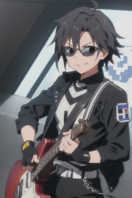 (((pixel-perfect, detail-perfect))), solo, 1girl, makoto kikuchi, jacket black, gloves black, fingerless gloves, grin, looking at viewer, braces, shirt grey, pants black, belts, playing electric guitar, live stage, sunglasses