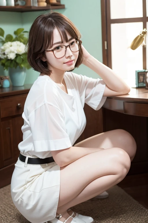 Highest quality、masterpiece、High sensitivity、High resolution、Detailed Description、Slender women、Glasses、Bobcut、hot pants、squat、