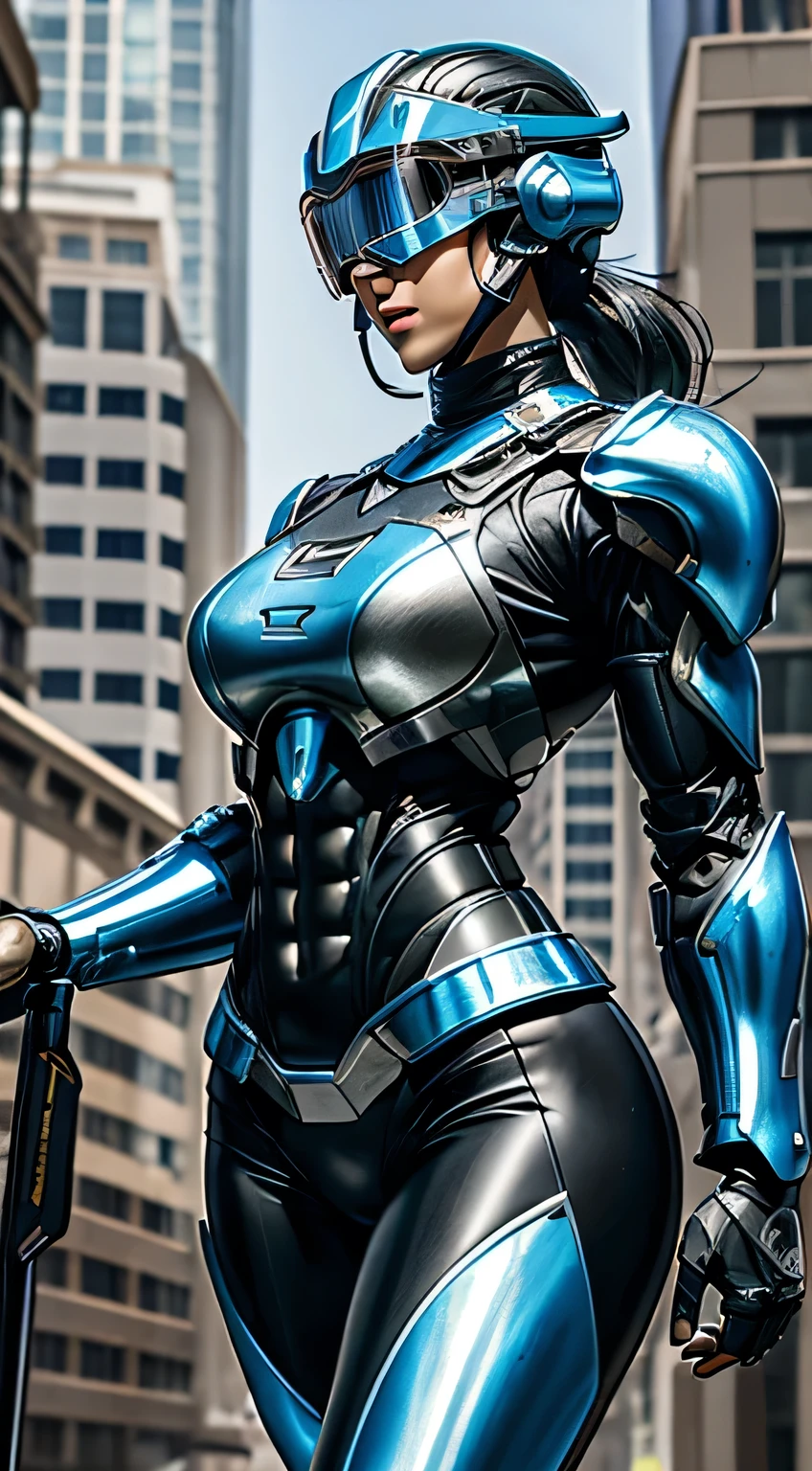 Female Robocop Solo、Bright outdoors、strong light source、8k, high quality, masterpiece, 最high quality, Crisp contrast、Very detailed、Full body armor、Very large armor、Helmet covering the head、Clear photos、The eyes are hidden by thin, translucent straight goggles.:1.3、The lower half of the face is raw々Shii:1.5、The lower half of the face is exposed、Seductive lips、Light blue and black metallic armor、Black accent color、Armor that completely covers the chest、Long, slender legs、Vibrant Posselo Body View,Big and ample breasts:1.5, (Sports Body:1.5)、Five Fingers、Hold a handgun、In the city