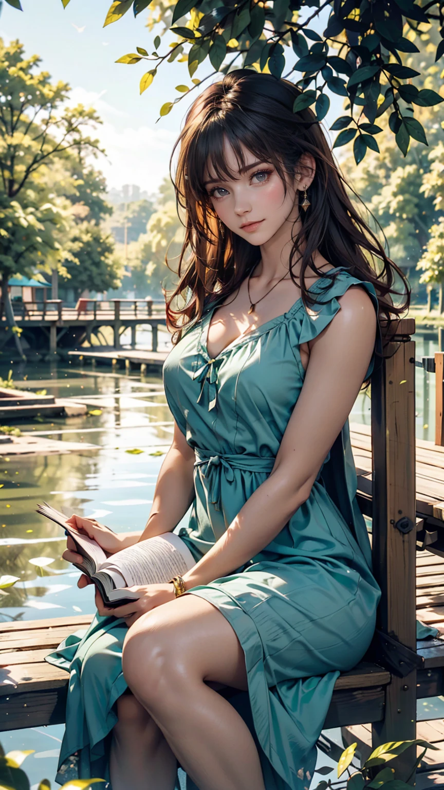 Girl reading a book by the lake, Bright colors, spring, Willow Branch, comfortable, Warm sunshine、24-year-old female、Deck chair、Sheer pastel green summer dress、barefoot、Sunlight filtering through the trees、A refreshing breeze blows、Hair blowing in the wind