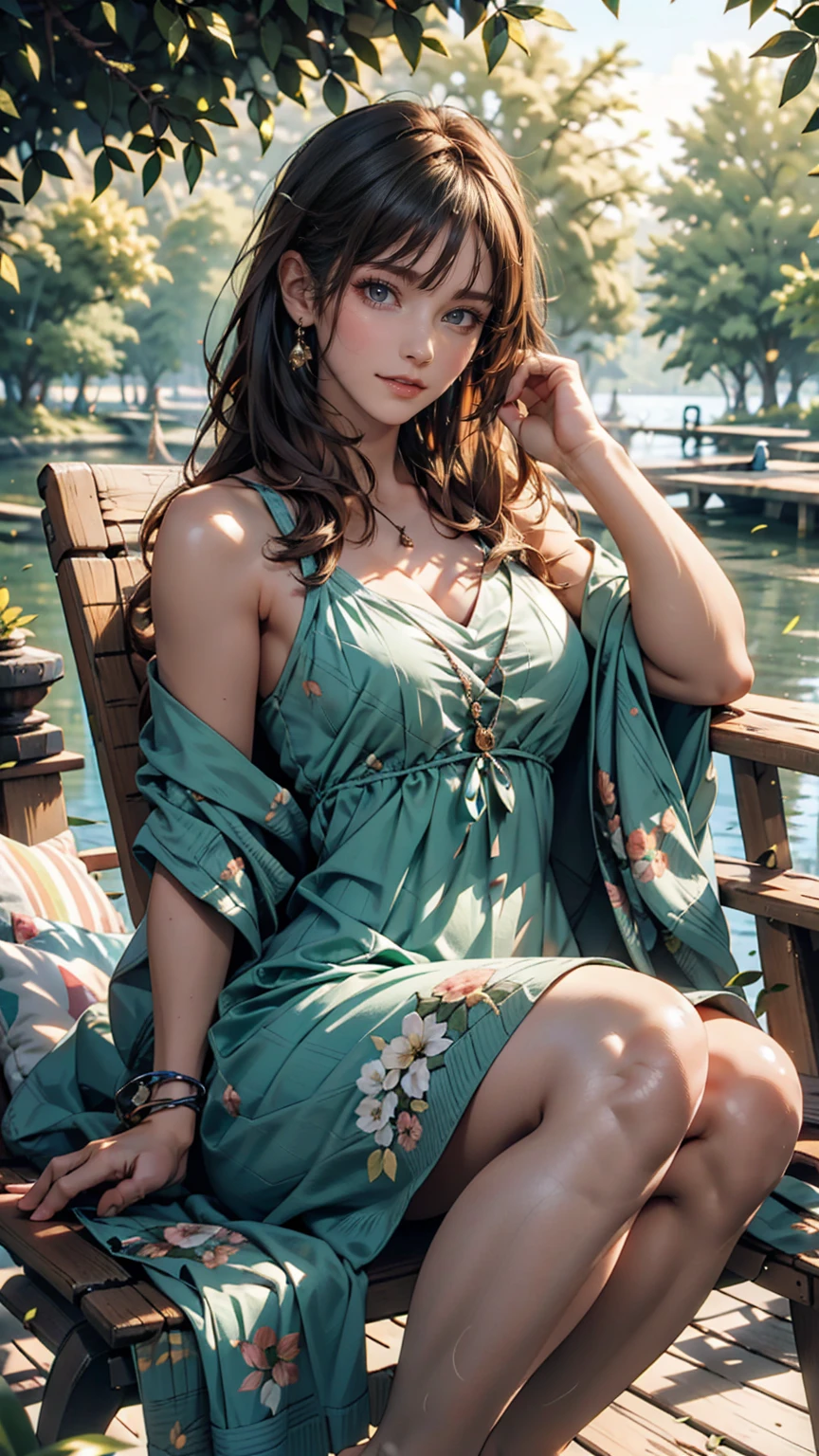 Girl reading a book by the lake, Bright colors, spring, Willow Branch, comfortable, Warm sunshine、24-year-old female、Deck chair、Sheer pastel green summer dress、barefoot、Sunlight filtering through the trees、A refreshing breeze blows、Hair blowing in the wind
