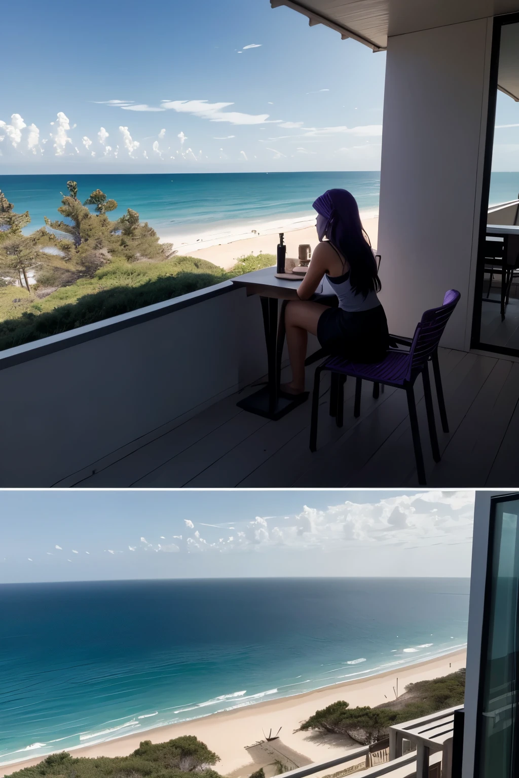 From the terrace the three girls could see the pine forest to their right and the beach in front of them. The sea was rough and on the horizon the small shape of a cargo ship could be seen, while the sky was darkening, taking on shades of grey and purple.