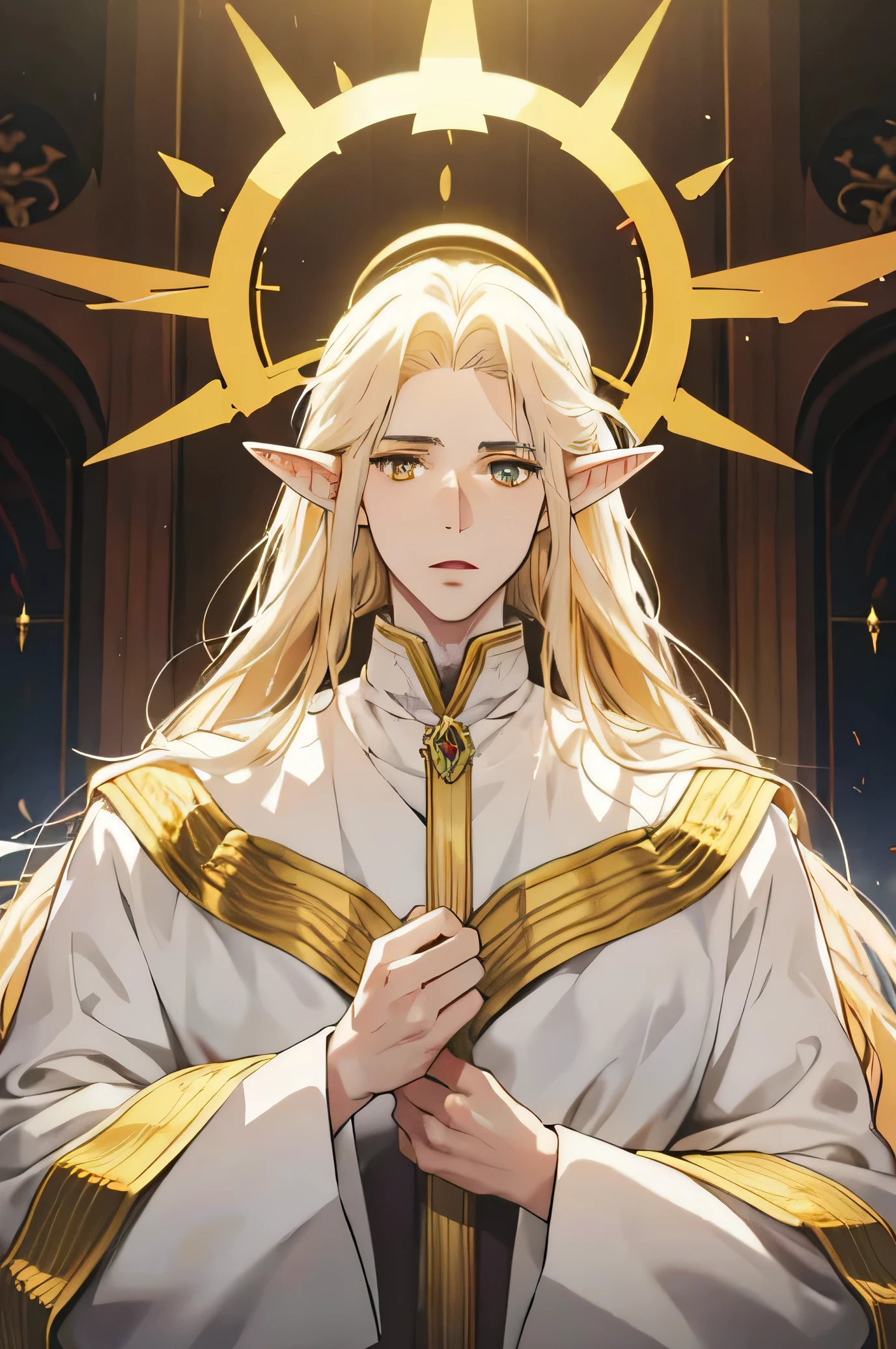 Stunned eyes. A tall man. long golden hair. long elf ears. Golden eyes. pale skin. Fantasy Priest Clothes. There is a halo behind the head. 
