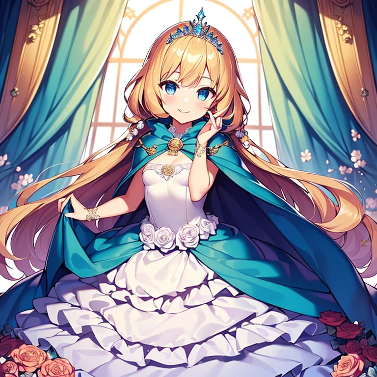 best quality,(long train blue cape:1.15),(long train white ball gown with floral decoration:1.15), a girl is wearing a cape over her dress, anime style, rococo style, little princess, tiara, kind smile, very long hair, small breast, perfect fingers, masterpiece