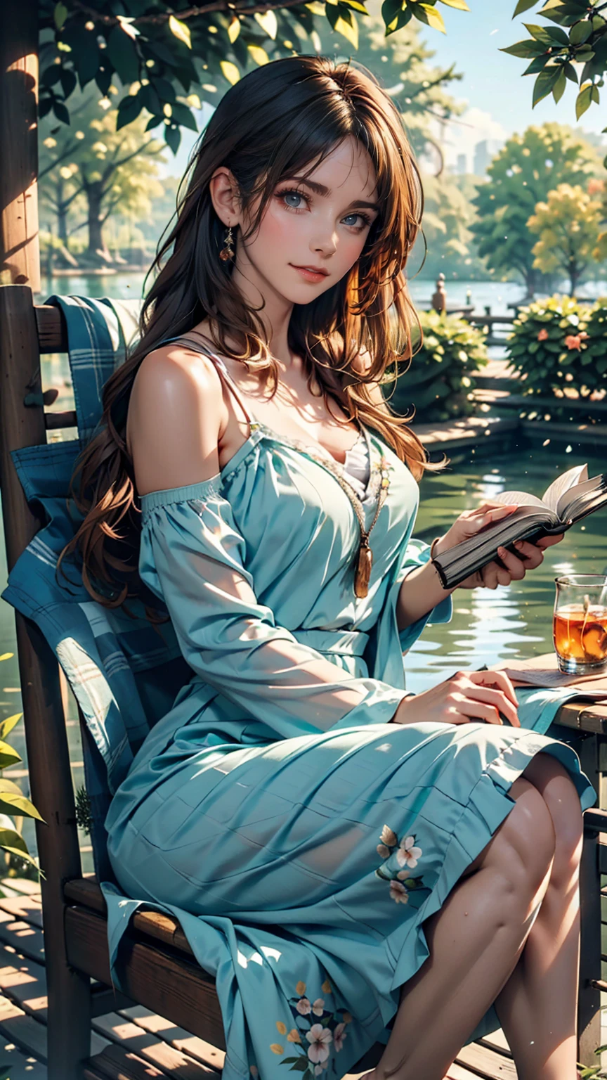 Girl reading a book by the lake, Bright colors, spring, Willow Branch, comfortable, Warm sunshine、24-year-old female、Deck chair、Sheer pastel green summer dress、barefoot、Sunlight filtering through the trees、A refreshing breeze blows、Hair blowing in the wind