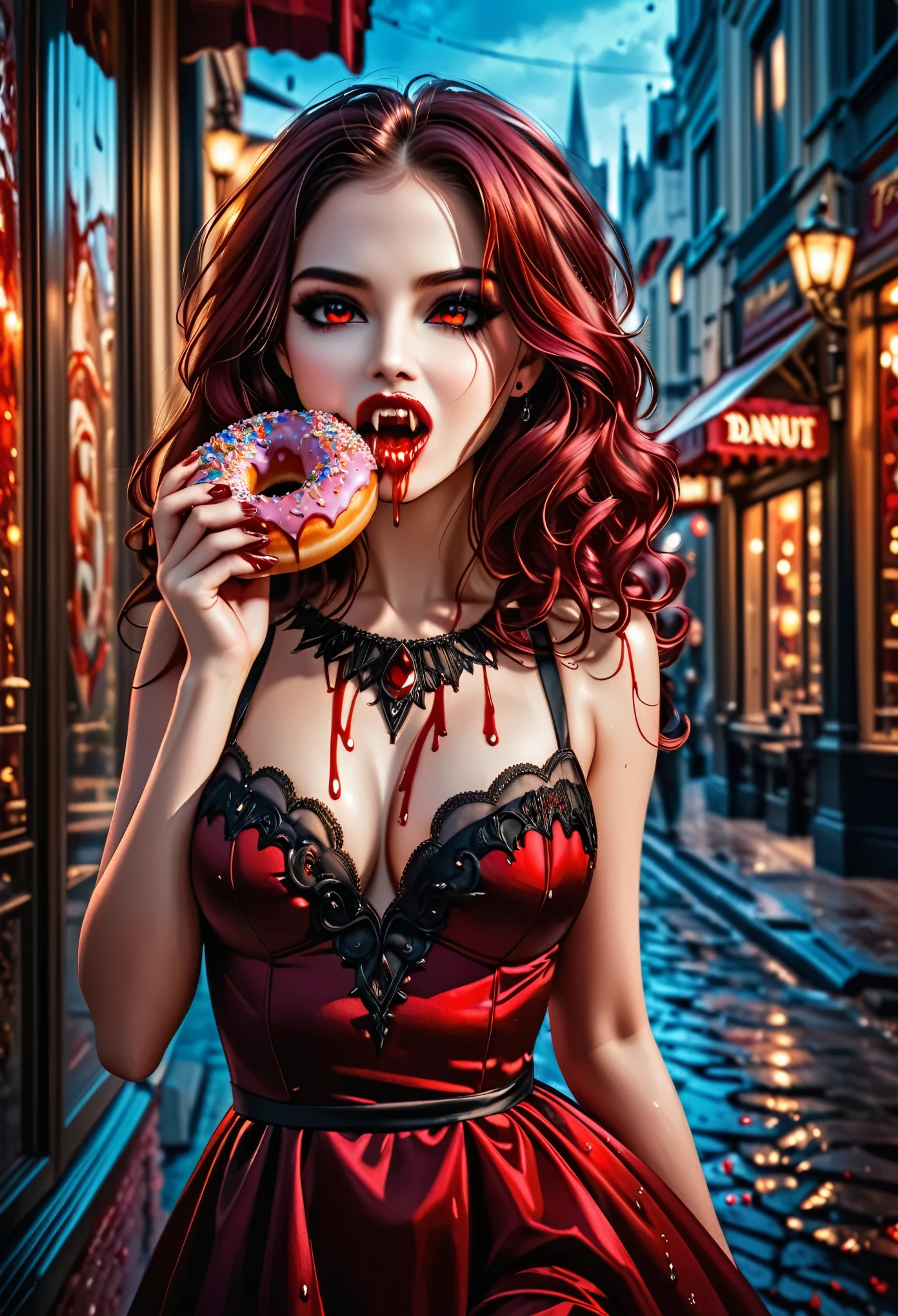 a portrait of a female vampire eating a (bloody donut: 1.3), an exotic exquisite beautiful female vampire, dynamic hair color, wavy hair, dynamic eyes color, (glowing  eyes: 1.1), intense eyes, wearing glamour silk dress, intricate detailed dress, dynamic color dress, dynamic style dress, (eating  a large donut soaked with blood: 1.3), blood dripping from the donut, dark fantasy pastry shop background,  vibrant, Ultra-high resolution, High Contrast, (masterpiece:1.5), highest quality, Best aesthetics), best details, best quality, highres, 16k, [ultra detailed], masterpiece, best quality, (extremely detailed) RAW, (ultra details, Masterpiece, best quality),   Dark Art Painting Style, Intense gaze, blood, Cinematic Hollywood Film
