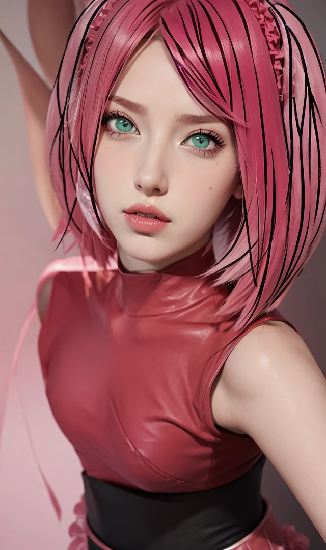 young woman, porcelain skin, long bubblegum pink hair, big pink lips, big emerald green eyes, pink eyebrows, red clothes, Sakura Haruno, 3d, realism, 8k