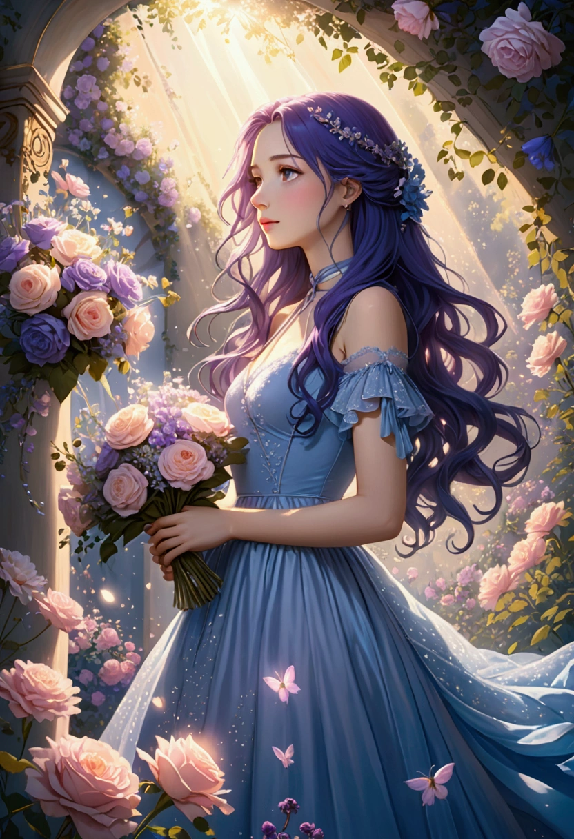 (Extremely detailed, best quality), floating, Extremely exquisite and beautiful dream scene,, , [(1 Girl),(Purple long hair), Delicate face, Neck strap, Elegant blue dress, (Wide-angle lens), (Mysterious atmosphere):1.5],, , (bouquet),(fairy tale), (Sunlight),(Soft Light),(Soft colors),(flash):0.8]